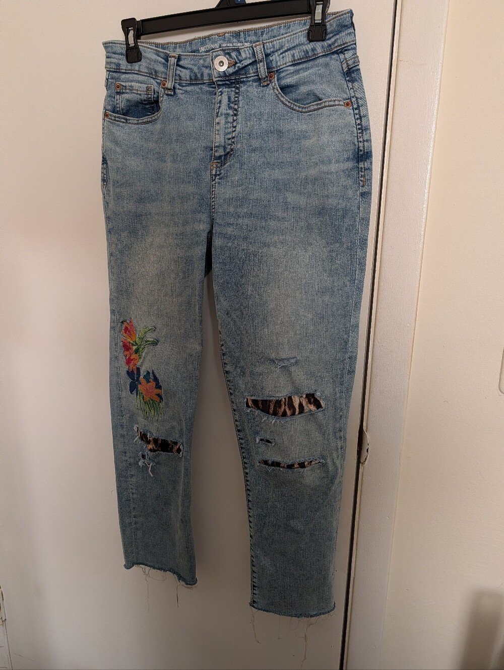 INC International Concepts Light Blue Straight Leg Jeans with Floral Embroidery